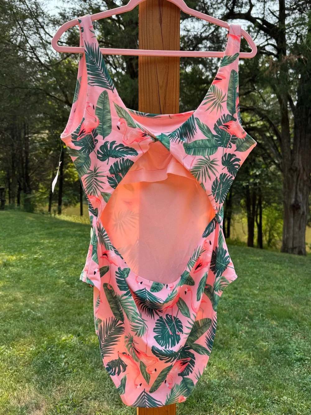 Old Navy Pink Flamingo & Green Palm One-Piece Swimsuit - Picture 3 of 5